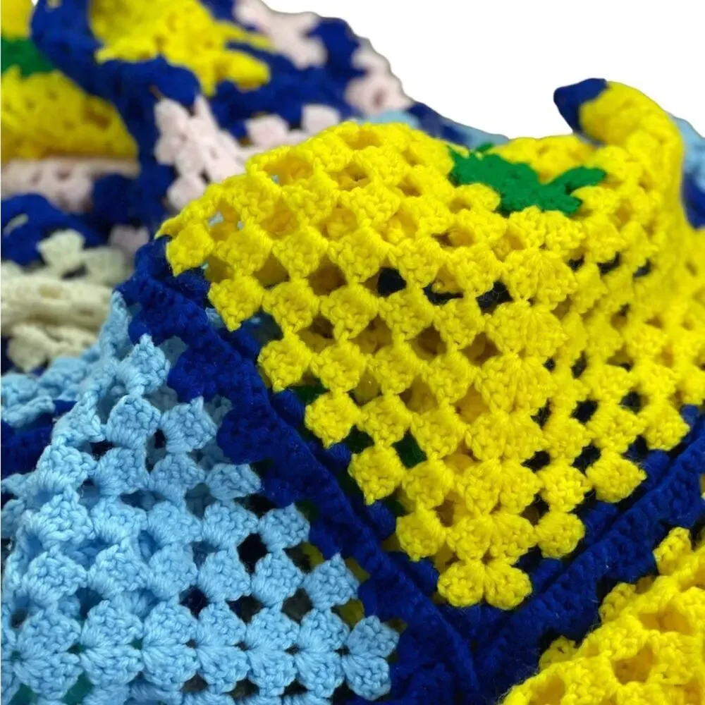 Vintage Afghan Handmade Granny Square Crochet Knit Blanket Multicolored Throw